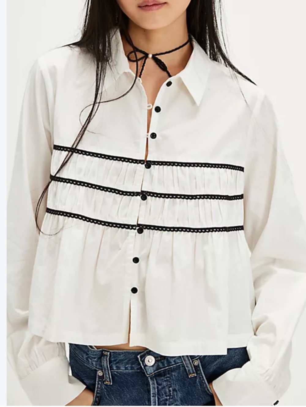 Free People Women’s White Button-Front Pleated Top with Black Trim size S